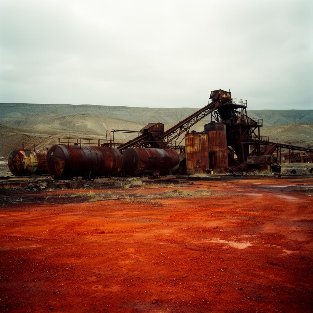 Abandoned mercury mine and processing structures on contaminated reddish soil — USA Superfund reference site